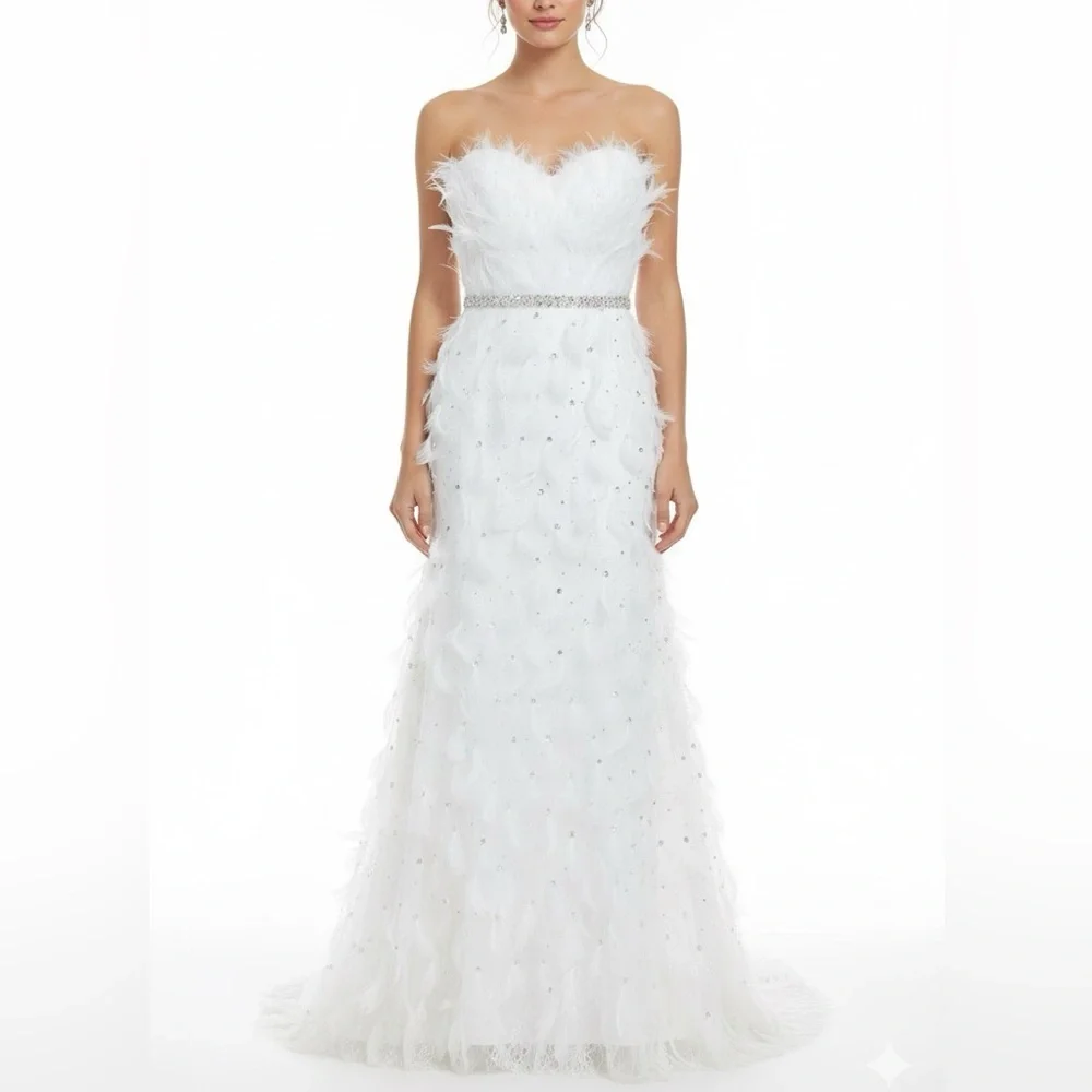 NWT Mac Duggal White Feather Rhinestone Sweetheart Strapless Gown Dress Wedding